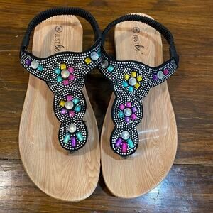 Just Be Rhinestones Sandals Woodgrain Sole Gladiator Elastic in Back Size 8